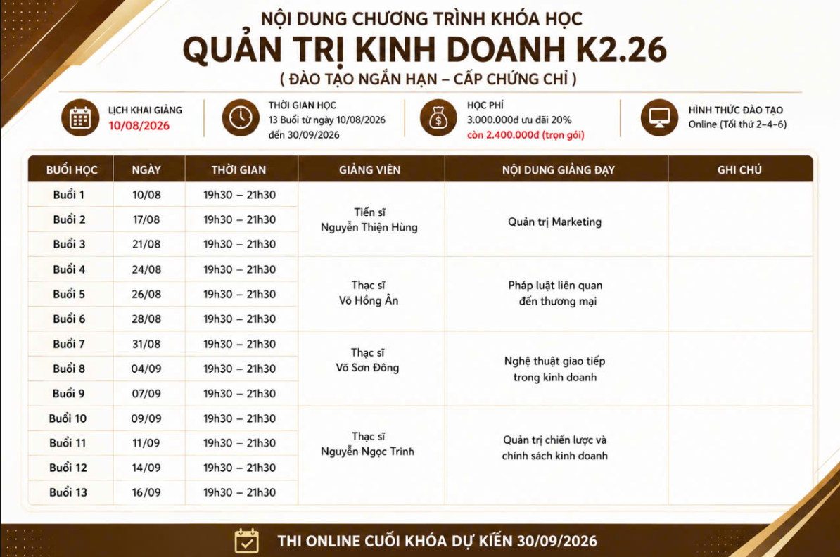 Khóa Học Quản Trị Kinh Doanh Online T8/2026